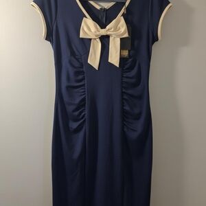 Miusol Navy Midi Dress with Cream Bow